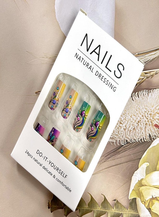 TBRZTR Press on Nails Medium Square Nails Gradient Acrylic Nails Colorful Stripe Design Artificial Nails Flower Smudge False Nails Full Cover Glossy Glue on Nails 24Pcs Stick on Nails for Women - Image 4